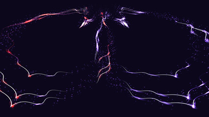 Beautiful purple abstract magical energy electric cosmic fiery shiny glowing lightning, lines, stripes with sparks on a blue background. illustration