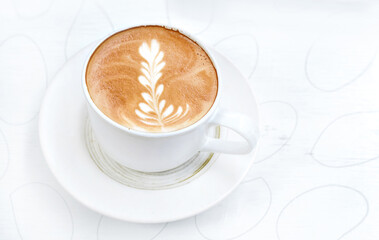 coffee cup top view, coffee latte art cappuccino foam on white background - 407508727
