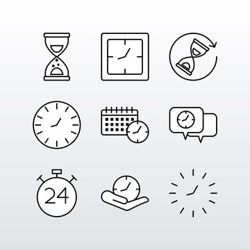 bundle of nine time clocks line style set icons