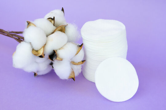 Group of hypoallerginic round soft pads made of cotton for face and makeup removing. Purple backfround with opened cotton flowers