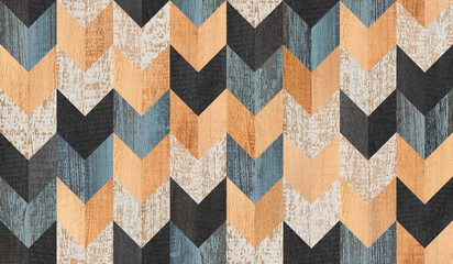 Seamless colorful wooden wall with chevron pattern. Grunge parquet floor. Wood texture background. - 407509339