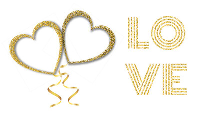 Beautiful abstract texture of golden glittering love hearts balloons and golden ribbons for Happy Saint Valentine's Day on white background and copy space for an inscription. illustration