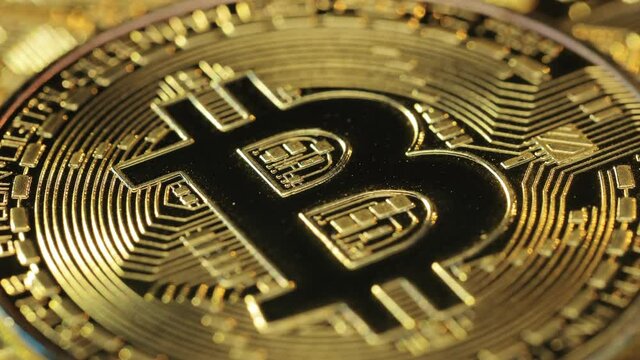 Bitcoin Crypto currency Gold Bitcoin BTC Bit Coin close up of Bitcoin coins. Virtual internet crypto currency gold Bitcoin BTC