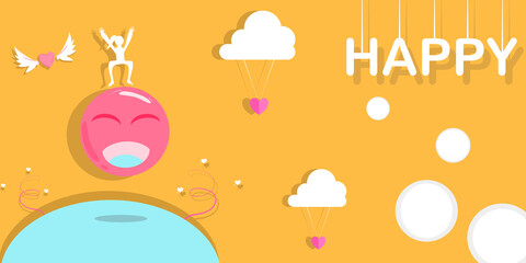 Concept happy people. Female character  Jumping joy  Having fun on a smiling face balloon. Vector flat style. Illustration for content banner happenings, posters, postcards, background happy, enjoy 