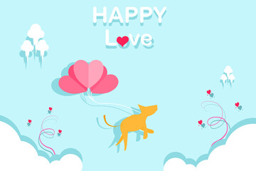 Concept happy time. A dog floating above the clouds in the air  With heart shaped balloon. Vector paper cut. Illustration for content card, posters, background happiness, happy holidays, happy love