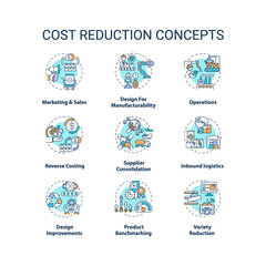 Cost reduction concept icons set. Company optimization idea thin line RGB color illustrations. Value chain components. Vector isolated outline drawings. Cost-saving strategy. Editable stroke