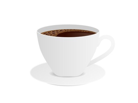 Cup espresso top view. Brown aromatic cappuccino with foam in ceramic bowl on plate realistic hot mocha americano for invigorating vector morning.