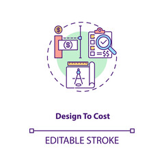 Design to cost concept icon. Cost reduction strategy idea thin line illustration. Service optimization. Increase product quality. Vector isolated outline RGB color drawing. Editable stroke