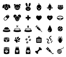 Obraz premium Set of icons for veterinary, animal care or medicine. Faces, food, toys, paws, health and more.