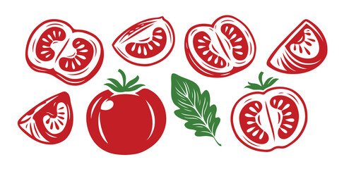 Tomato symbol set. Food, sliced piece vegetables. Farm market product