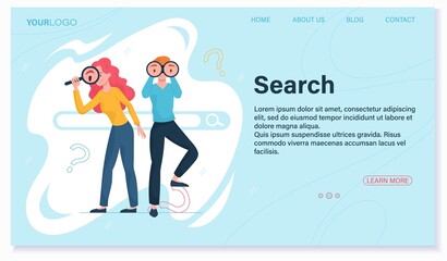 Business ideas searching abstract concept. Business metaphor. Young man looking forward through binoculars and a woman with magnifying glass looking through it. Website, webpage, landing page template