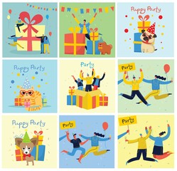 Party background. Happy group of people jumping on a bright background. The concept of friendship, healthy lifestyle, success. Vector illustration