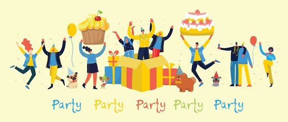 Party background. Happy group of people jumping on a bright background. The concept of friendship, healthy lifestyle, success. Vector illustration