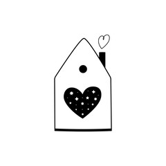 Vector illustration of house with heart. Home logo, icon, badge. Line art, trendy style.