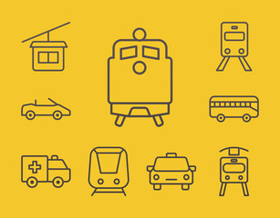 bundle of nine conveyance transport line style set icons in yellow background