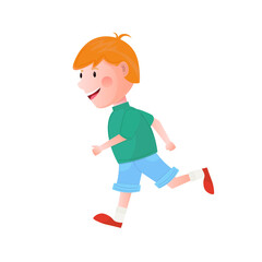 Fototapeta premium Running redhead boy wearing shorts and sneakers. Cartoon vector illustration.