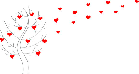 A tree with hearts is drawn in the style of doodle, a sample for a card for Valentine's Day. Web saver for a romantic template, love in nature.