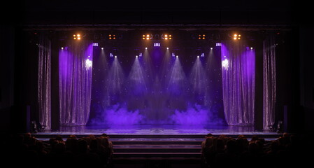 scene, stage light with colored spotlights and smoke