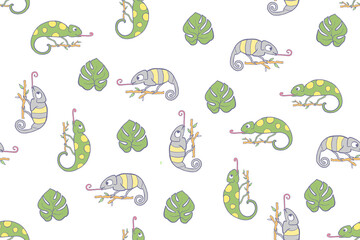 Seamless pattern, childish animals chameleon illustration. Cute green color chameleon. Kawaii cartoon character. Baby doodle vector pattern. Hand drawn illustration for kids fabric, textile, wrapping © svitlananiko