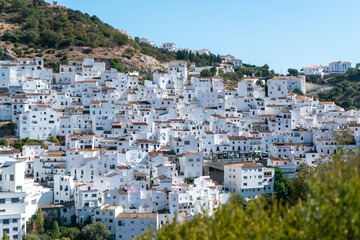Fototapeta na wymiar Typical spanish mountain village with its narrow white buildings in Andalusia