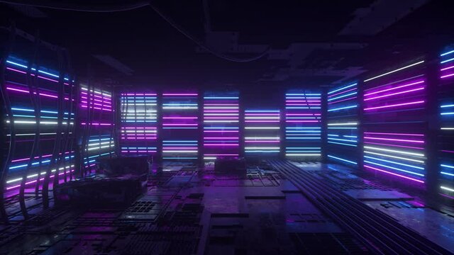 Neon background. Purple and blue neon background appears and disappears. Bright vibrant neon background. Technological space. Room. 3d animation