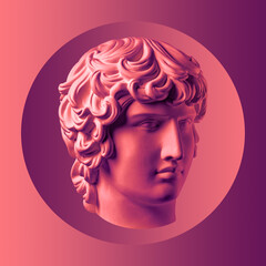 Collage with plaster antique sculpture of human face in a pop art style. Modern creative concept image with ancient statue head. Zine culture. Contemporary art poster. Funky minimalism. Retro design.