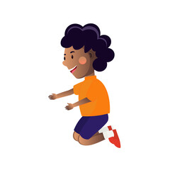 Little african boy wearing shorts, t-shirt and sneackers kneeling. Cartoon vector illustration.