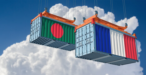 Freight containers with France and Bangladesh flag. 3D Rendering 