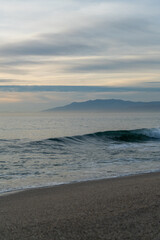Waves breaking on a sandy beach, spray, white water and grass in foreground
