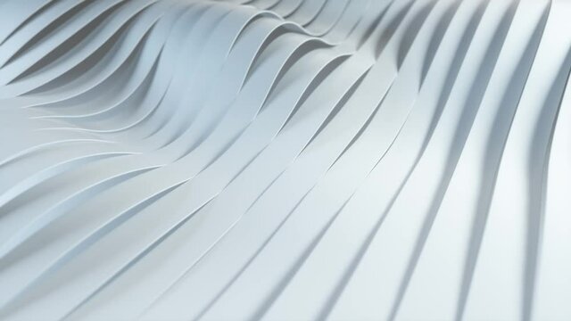 Background of rows of multicolored pop-up white stripes. Colorful wave gradient animation. Future geometric patterns motion background. Seamless loopink 3d animation