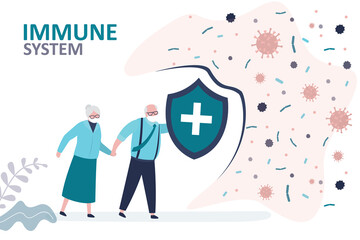 Old people with shield protect immune system from disease. Elderly immunity protected from viruses and bacteria