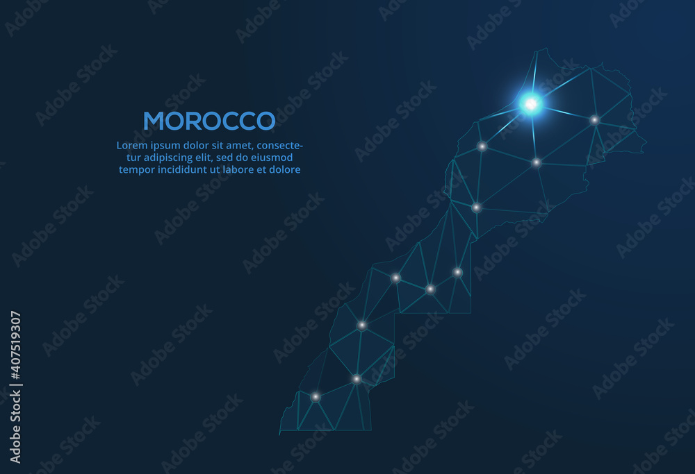 Poster morocco communication network map. vector low poly image of a global map with lights in the form of 