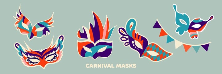 Set of carnival masks in flat style. Vector illustration.