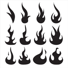 Black Fire Flame isolated icons set. Different dark fire symbols in modern flat style. Flaming elements of candle, heat, fire, fireplace, burning, energy. Jpeg illustration