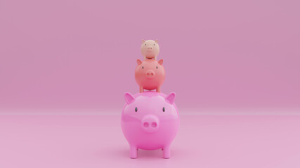 3d Rendering Family piggy bank 3 pink piglets stacked with mother pig and piglet pastel Pink background