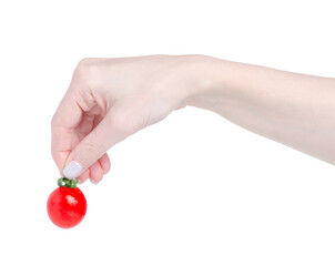 Cherry tomatoes fresh in hand on white background isolation