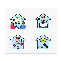 Homeschooling color line icons set .Benefits of schooling at home. Online education concept. Distant remote teaching and home schooling. Isolated vector illustrations 