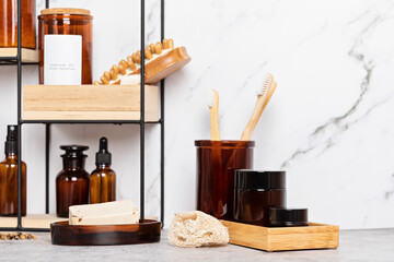 Bamboo and glass accessories for bath - jars, soap bar, brushes for personal hygiene. Zero waste, organic, plastic free, sustainable decor for bathroom
