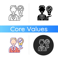 Ownership focus icon. Employee commitment. Creative work. Job productivity, effectiveness. Corporate values. Company policy. Linear black and RGB color styles. Isolated vector illustrations