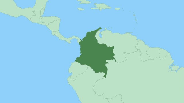 Map of Colombia with pin of country capital. Colombia Map with neighboring countries in green color.
