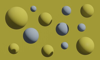 Yellow and gray spheres on a yellow background with shadows. 3d rendering.