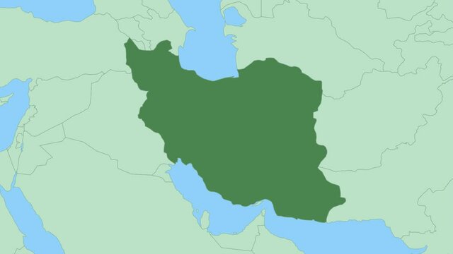 Map of Iran with pin of country capital. Iran Map with neighboring countries in green color.
