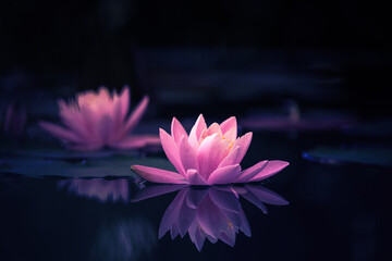 Pink Lotus Flower Or Water Lily Floating On The Water