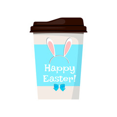 Easter coffee cup with bunny rabbit ears and bow icon isolated on white background. Vector flat cartoon style illustration, drink to go design with sweet traditional hanging animal character print.