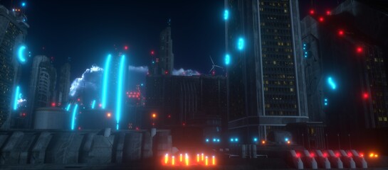 Bright neon night in a cyberpunk city. Futuristic skyscrapers with red, orange and blue neon lights against the night sky. Cyberpunk style scene. City of the future. 3D illustration.
