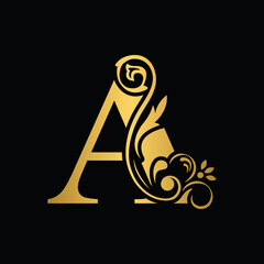 Golden letter A. flower letters. Vintage ornament initial Alphabet. Logo vector	
