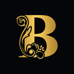 Golden letter B. flower letters. Vintage ornament initial Alphabet. Logo vector	

