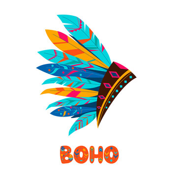 Native American Indian headdress. Indian tribal chief headdress with feathers. Feather headdress. Vector colorful illustration