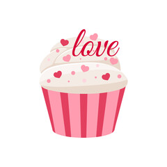 Valentines day cupcake icon isolated on white background. Cute sweets food - party homemade muffin with heart, text love in paper wrapper. Flat design cartoon style tasty dessert vector illustration.