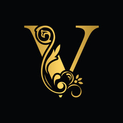 Golden letter V. flower letters. Vintage ornament initial Alphabet. Logo vector	
